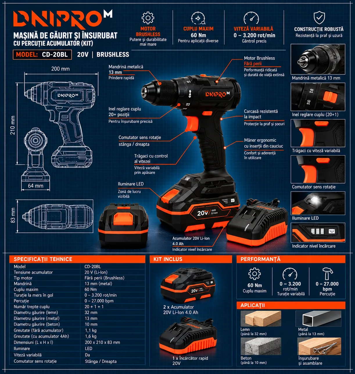 Kit DNIPRO-M CD-200BC ULTRA 20V, 60 Nm, Brushless + 2 acumulatori BP-240 4Ah + încărcător rapid FC-230