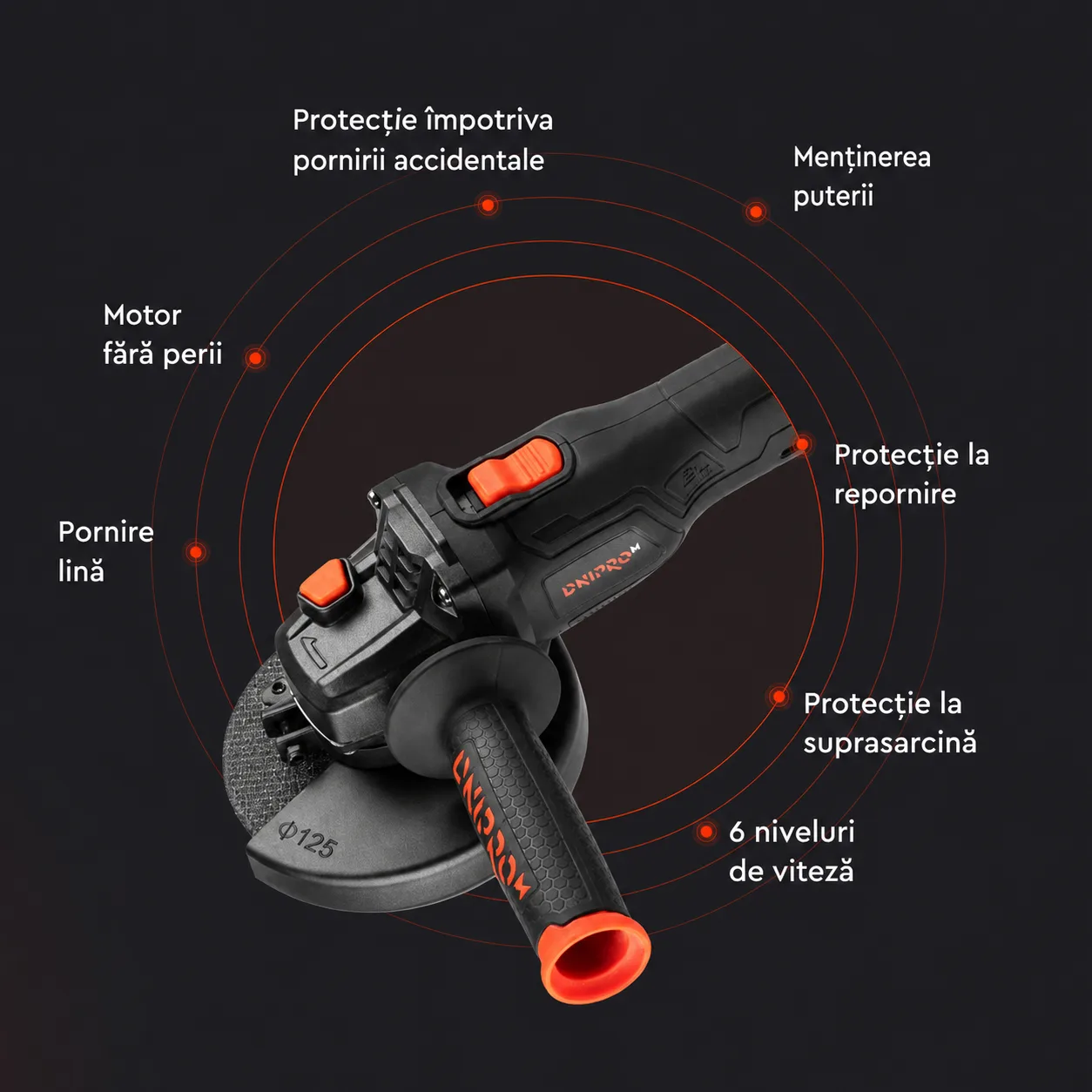 Polizor unghiular cu acumulator Dnipro-M DGA-202SBC, fără acumulator și încărcător — imagine 5
