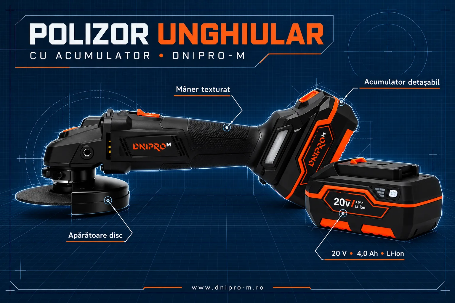 Kit Flex DNIPRO-M DGA-200BC ULTRA 20V Brushless, 125 mm + 2 Acumulatori BP-240 4Ah + Încărcător Rapid FC-230
